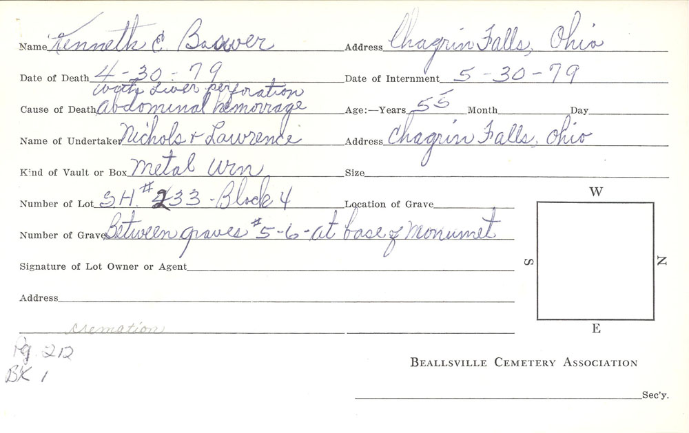 Kenneth E. Bowser burial card